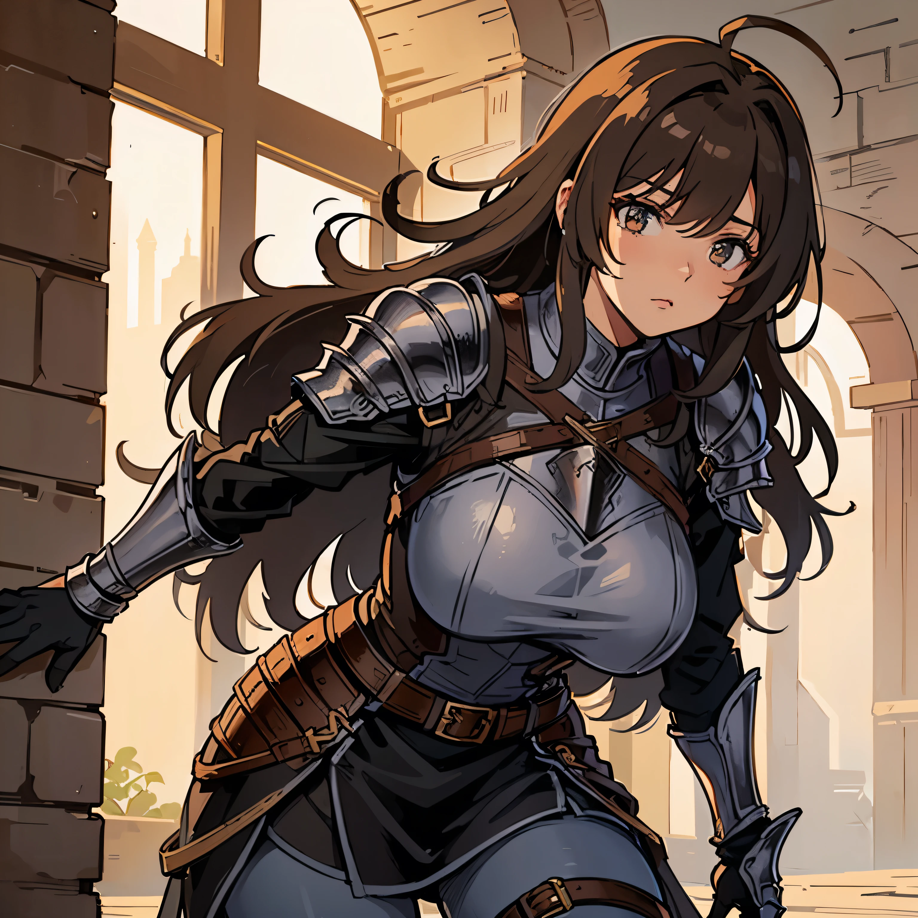 medieval fantasy setting, medieval city, female human race thief, Mediterranean features, brown hair wearing black armor