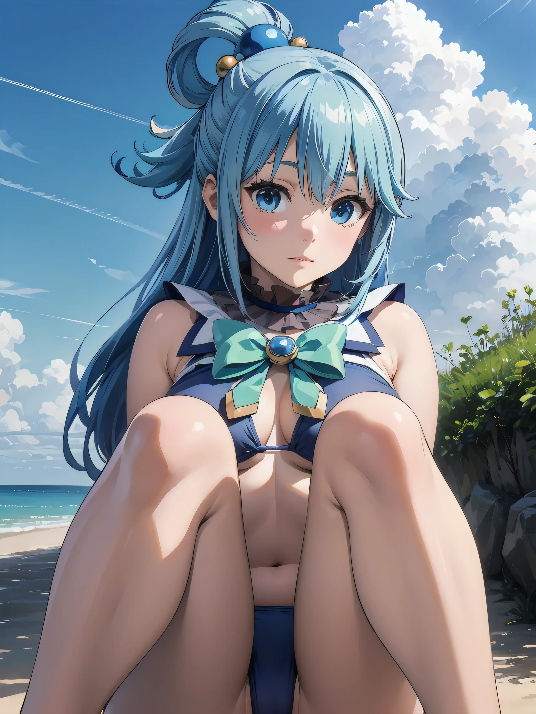 (Realistic, photo Realistic:1.2), ((highest quality)), Shift the center of gravity backwards, Quite embarrassing, aaaqua, long hair, blue hair, hair rings, hair ornament, choker, bare shoulders, green bow, light blue bikini, frill, Beautiful facial details, Real human skin, Gentle expression, Front view, angle From below, Realistic, photoRealistic, beach, whole body, sitting on ground, knees raised, spread legs, (wind:1.2)