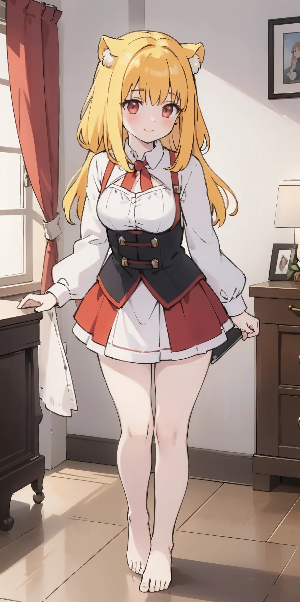 Roxanne Demin kin 1girl, solo, medium breasts, body position: standing, straight, symmetrical, barefoot, lustful smile on face with red blush, fluffy ears, dog ears, blonde hair