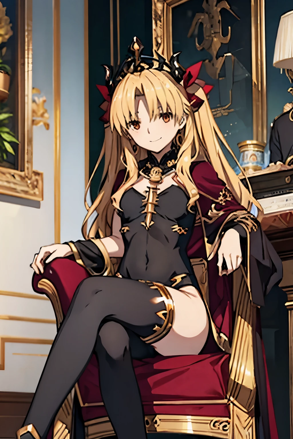 Ereshkigal sitting on a chair with legs crossed, looking at viewer with a smile, bodysuit, leotard, cameltoe, 