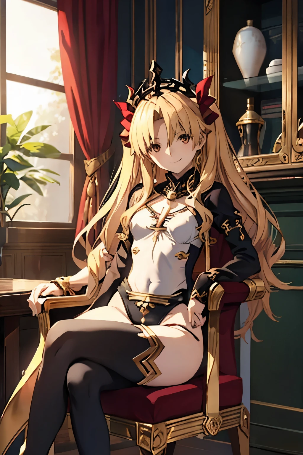 Ereshkigal sitting on a chair with legs crossed, looking at viewer with a smile, bodysuit, leotard, cameltoe,