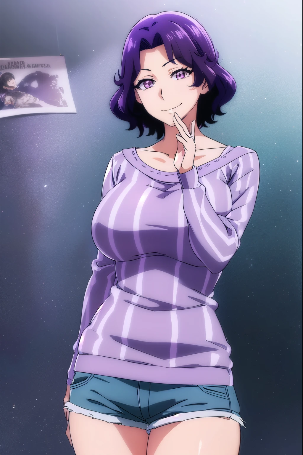 azusahamaoka, azusa hamaoka, short hair, (purple eyes:1.1), purple hair, (parted bangs:1.5), smile, grin, looking at viewer, (cowboy shot:1.5), best quality, high resolution, unity 8k wallpaper, (illustration:0.8), (beautiful detailed eyes:1.6), extremely detailed face, perfect lighting, extremely detailed CG, (perfect hands, perfect anatomy), sweater, cleavage, big breasts, large , seductive smile, short shorts