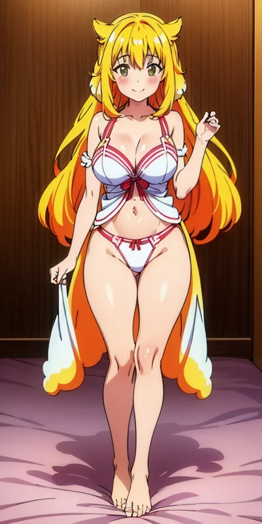 Roxanne Demin kin 1girl, solo, medium breasts, body position: standing, straight, symmetrical, barefoot, lustful smile on face with red blush, fluffy ears, dog ears, blonde hair