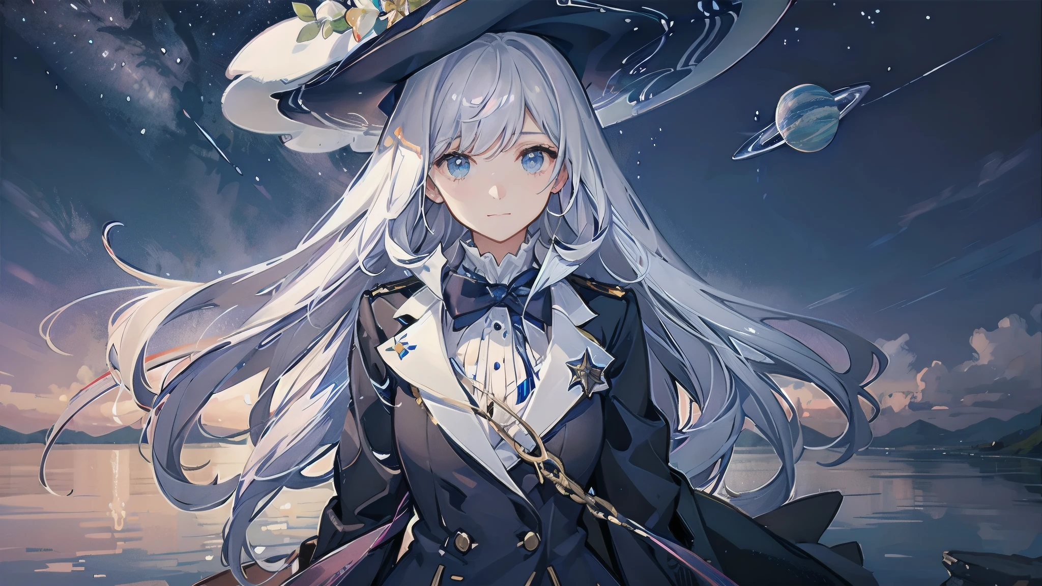 A high school girl wearing a blazer uniform is thrown into space、She has a short bob with a white lob of hair and wears a large black witch hat with sapphire jewelry.、Landing on a pale blue planet、Fantastic World、There are mountains and lakes, but they all look pale、The sky is a deep navy blue and many stars can be seen.、A few star creams、A starry sky、high resolution、Light reflecting on the lake、The water surface is rippled and sparkling.、4K quality、Sheer Mountains、Silence、High Quality、It is drawn in detail、Precise illustrationysterious PC Wallpaper、Light clouds、loneliness、Alone on an unknown planet、Feelings of despair、painful、moment、I am drawn to the painting、Unrealistic and realistic illustrations、
