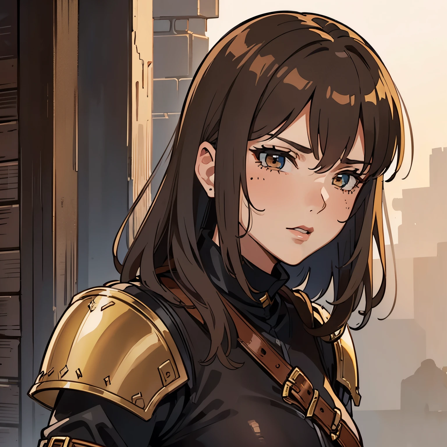 A grown woman, most average female knight, brown hair, leather armor, medieval fantasy, ((face close up)) 