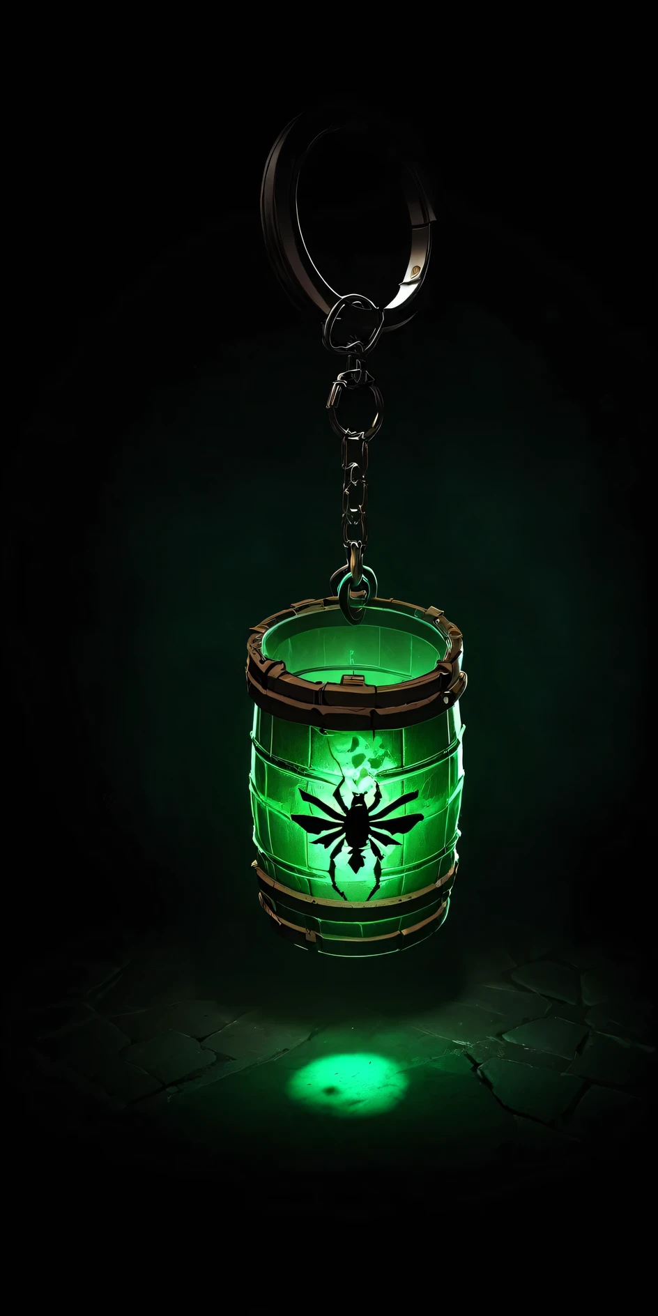 (((darkest dungeon style))), ((darkest dungeon item)), item art, barrel-shaped green transparent keychain, medallion with a glowing insect inside, dark background, (dark lighting), many shadows, cold lights, dark art, highly detailed, extremely detailed, masterpiece