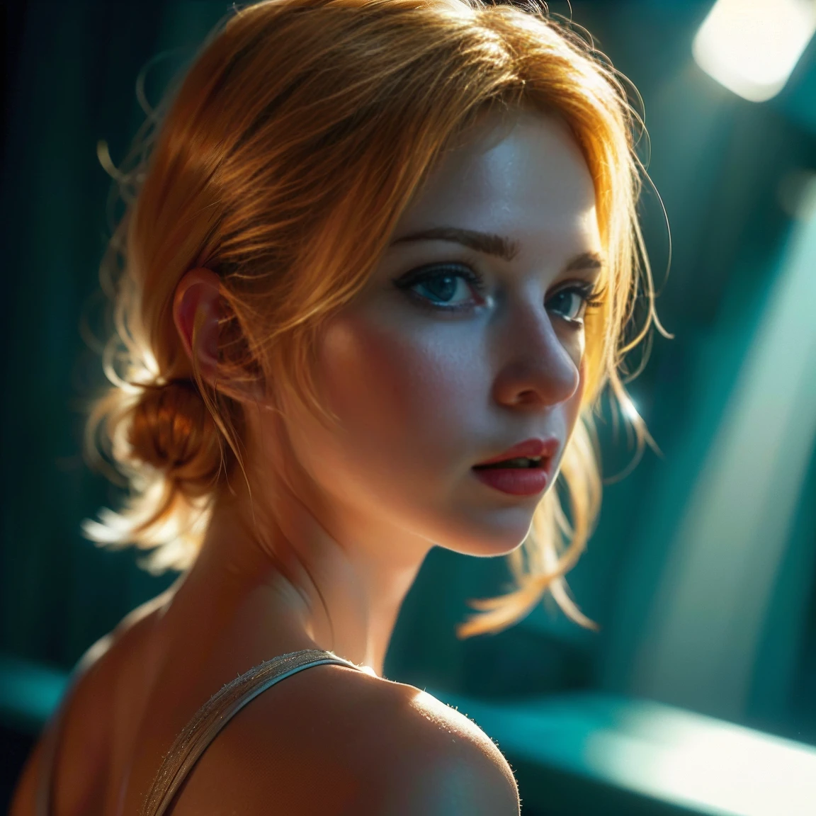 (((ultra realistic))) Photo, masterpiece, top quality, (pale skin), (Ultra detailed face and eyes:1.3), 1 girl, Adult, In Lifchik, ((Eye makeup, mascara)), ((ultra detailed Bright Deep Cyan Blue eyes)), ((large detailed glowing Red lips)), ((Blonde straight hair)), ((Chyolka)) , (Natural breasts), Slim waist. ((Posing)), photoshoot, studio (contour lighting), (The play of light and shadows), depth of field, bokeh, (special attention to skin detail: 1.2), Detailed leather texture, skin pores. (Glowing atmosphere of the frame. Color range - delicate, Bright, Orange tones), UDR, ((Film grain)), ((rays)), (Glare), ((Photo from the back)) , ultra detialed.
