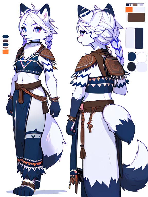 ( Absurdly , High quality , ultra detailed ) ,( hand detailed ) , 1girl, solo, mature, (concept art, character sheet), absurdres(highly detailed beautiful face and eyes)perfect anatomy Solo, sfw, Young Female white fox-cat (((lean-body))) (((medium breasts))) (short snout),(((fur (black stripe) between neck and shoulder towards chest))) ((fur (black stripes) on waist))(ears are darker), (heterochromia (orange, violet)), (cat tail (black at end)), (white hair (single-braided)), (fantasy adventure type clothing ((violet shirt (crop top))), (navy-blue belt) khaki pants)), happy ((looking at viewer)) ((Female wolf)) (detailed eyes) (clevedge, (collarbone, shoulders), (solo, (1girl)) ((((fluffy white fur)))) ((extremely detailed fur)) (violet crop top) ((hair in face)) (big braid), sfw, (thin long tail) (heterochromia) (extremely detailed eyes) joyful (((concept art, character sheet, (multiple views)))) ((adventure fantasy, snow tribal clothing)) (violet snow tribe clothing)
