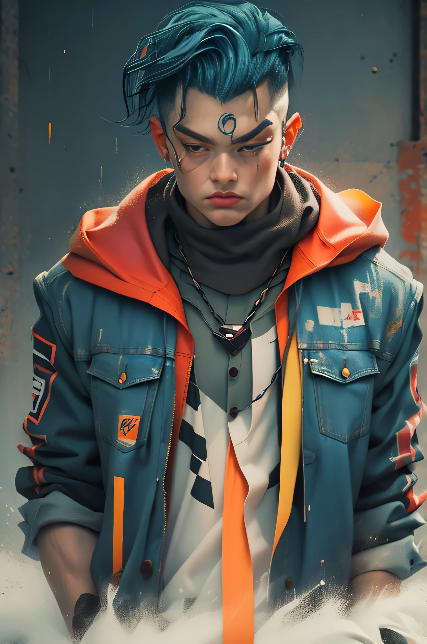 wuxia,1rapper with tattoos,dread hair,puffer jacket,super colorful,luminous colorization,illustration