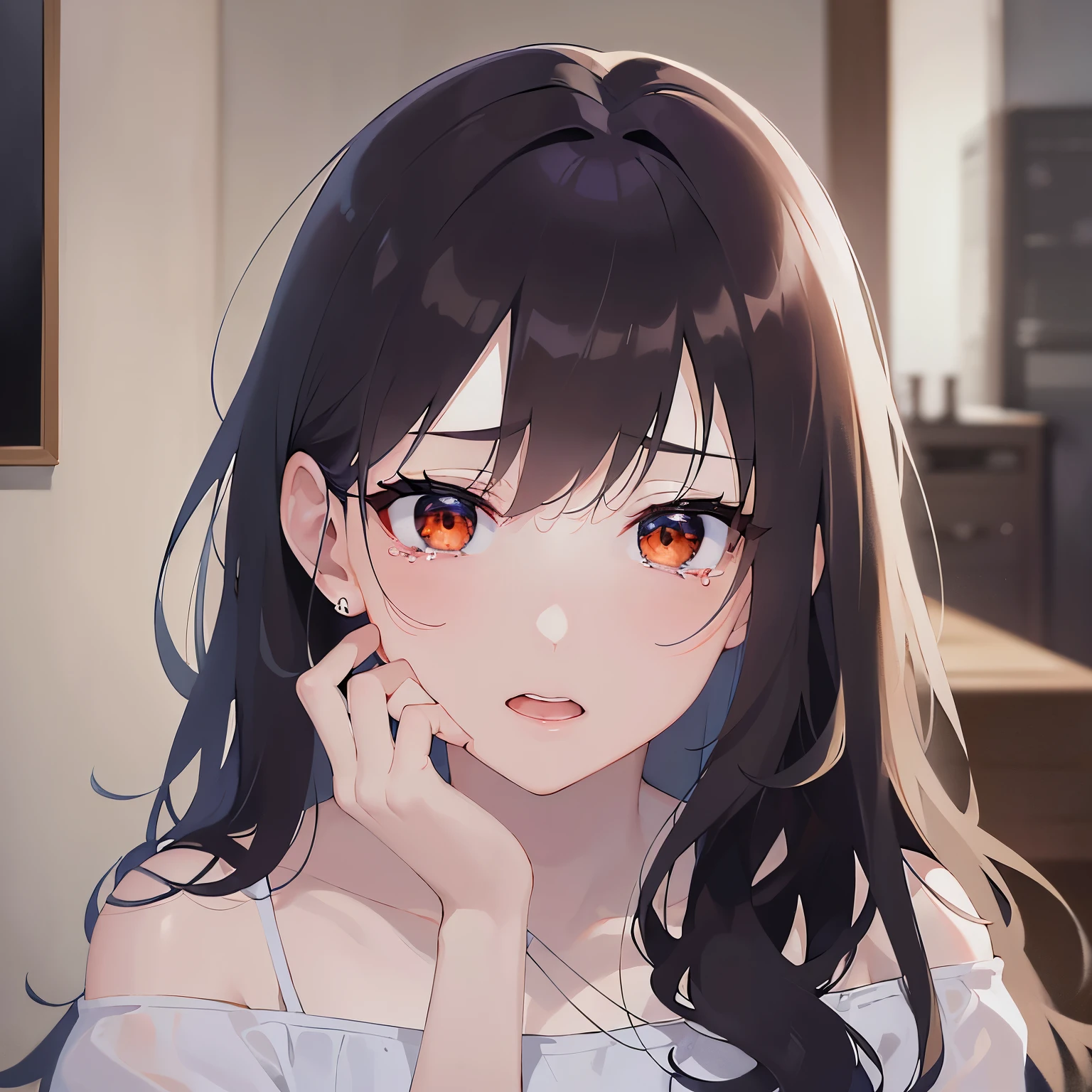 looking up, Biologically correct five fingers、Placing hand on face、Upper Body, Realistic, real person, (pale skin: 1.2), RAW photo, photorealistic, portrait photography, shiny skin, shiny hair、(A 25-year-old woman with medium-length hair and bangs) and (wavy hair) and (brown hair) and (orange eyes) , (white:1.5) and (Off-the-shoulder blouse)、(sad:1.3), tears, open mouth, , The background is the living room at night、dark、Alone、Are standing