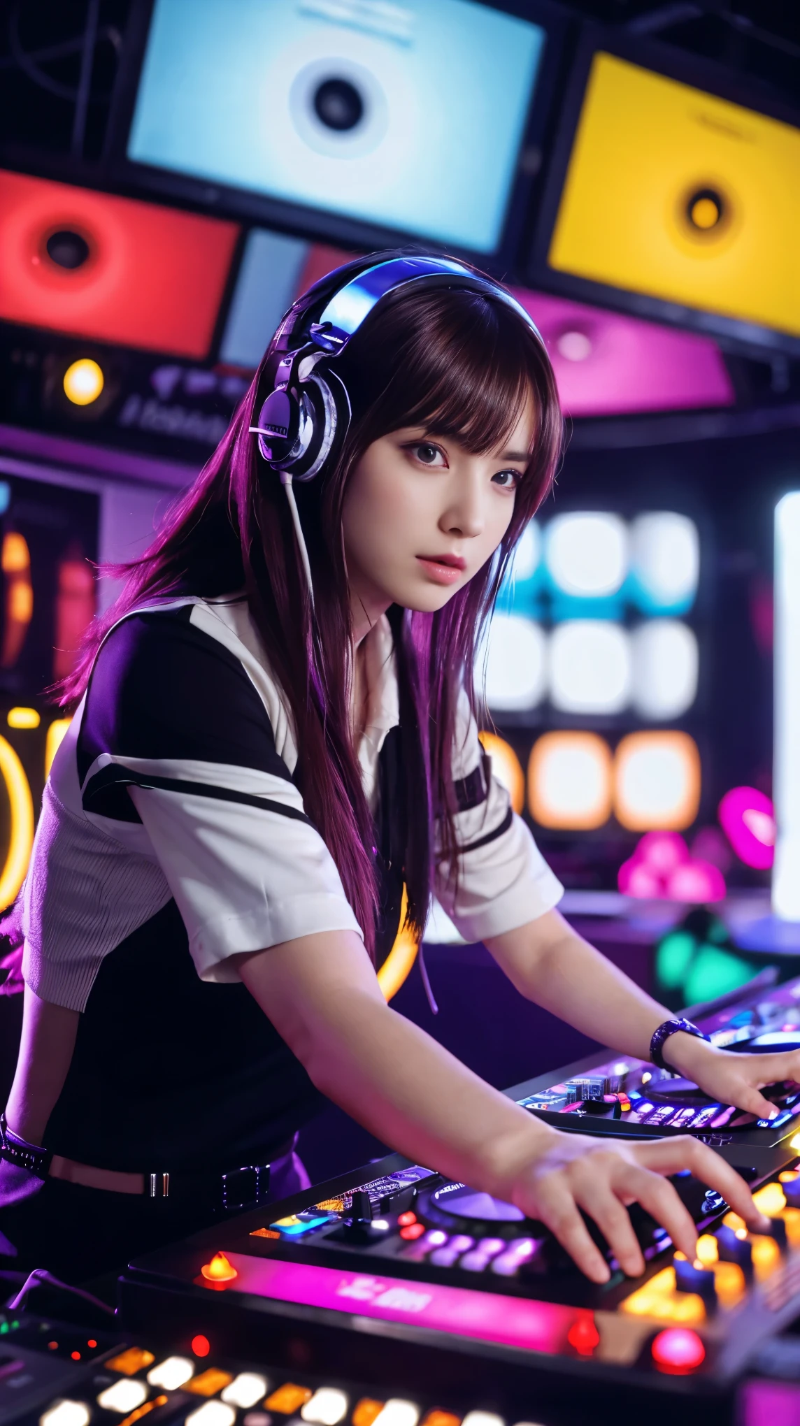 highest quality, Surreal, Very detailed, women only, DJ Girl, DJ Console, DJ headphones, Actual photo, 8k, Realistic eyes, Detailed face, Upper Body:1.4, Looking at the audience, To the audience, Disco Lights,1 girl,((she is playing the DJ Console )),