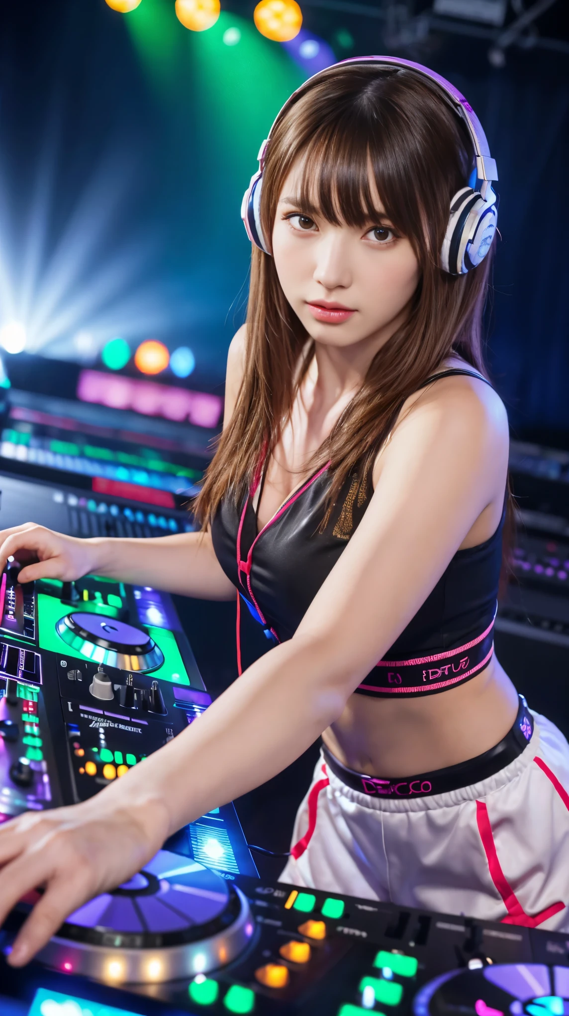 highest quality, Surreal, Very detailed, women only, DJ Girl, DJ Console, DJ headphones, Actual photo, 8k, Realistic eyes, Detailed face, Upper Body:1.4, Looking at the audience, To the audience, Disco Lights,1 girl,((she is playing the DJ Console )),