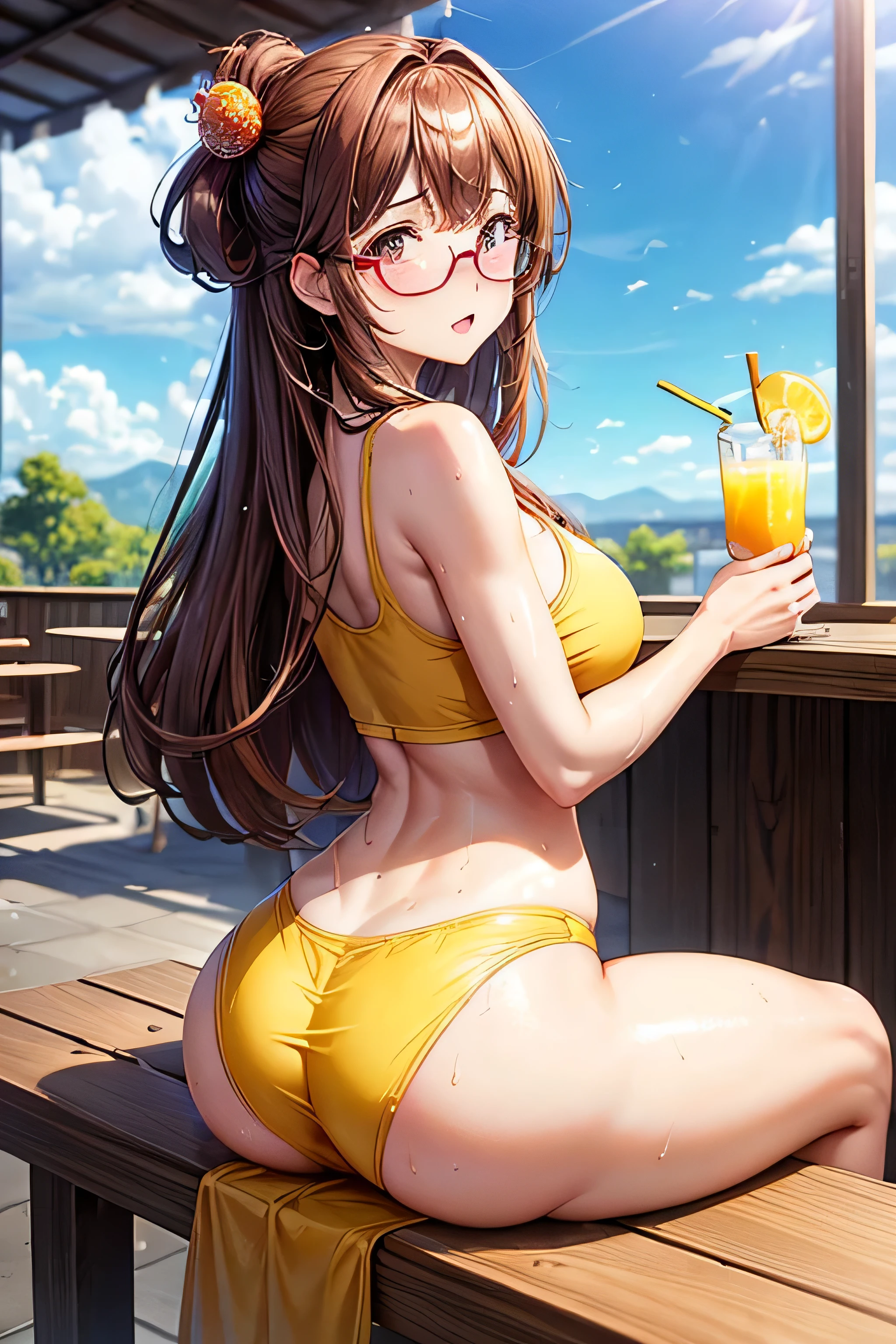 High resolution, high quality, One girl, Anime Girls,Brown long hair, Brown eyes, Pink Glasses,heart shaped pupils,Sunburned skin, Large Breasts,beautiful breasts,pointy breasts,long nipples,(Big Ass),beautiful ass,Embarrassed,Tank Top,Back Pose,lower body,sweat,wet,sitting,open legs,cherryblossom,at cafe,(lemon juice),(orange juice),(Pineapple juice),(Mango juice),(water),