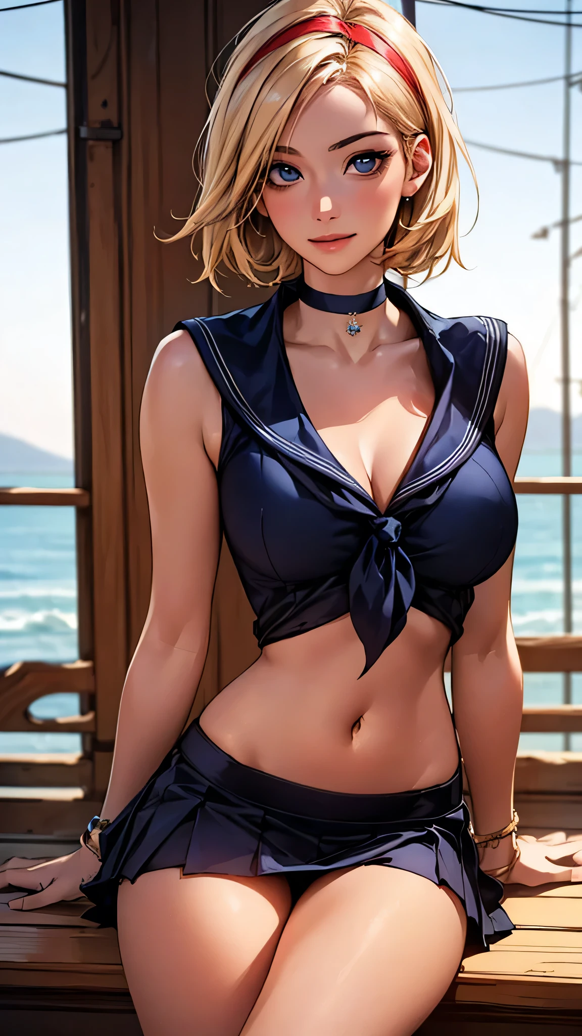 (masterpiece:1.2, top-quality), ultra-detailed, (realistic, photorealistic:1.4), beautiful illustration, (natural side lighting, movie lighting), depth of fields, 
beautiful hair, beautiful face, beautiful detailed eyes, beautiful clavicle, beautiful body, beautiful chest, beautiful thigh, beautiful legs, beautiful fingers, perfect style, 
looking at viewer, 1 girl, japanese, gravure Idol, high school girl, perfect face, cute and symmetrical face, 
(short hair, blonde hair), blue eyes, realistic pupils, long eye lasher, (large breasts, thigh thickness), suntan, shinny skin, emphasizes cleavage, 
((sleeveless navy sailor shirt, open front, navel, navy sheer micro mini skirt, red sailor scarf), choker, wrist chakra, hairband), 
(beautiful scenery), tropical beaches, (versatile sexy poses), (lovely smile, upper eyes),