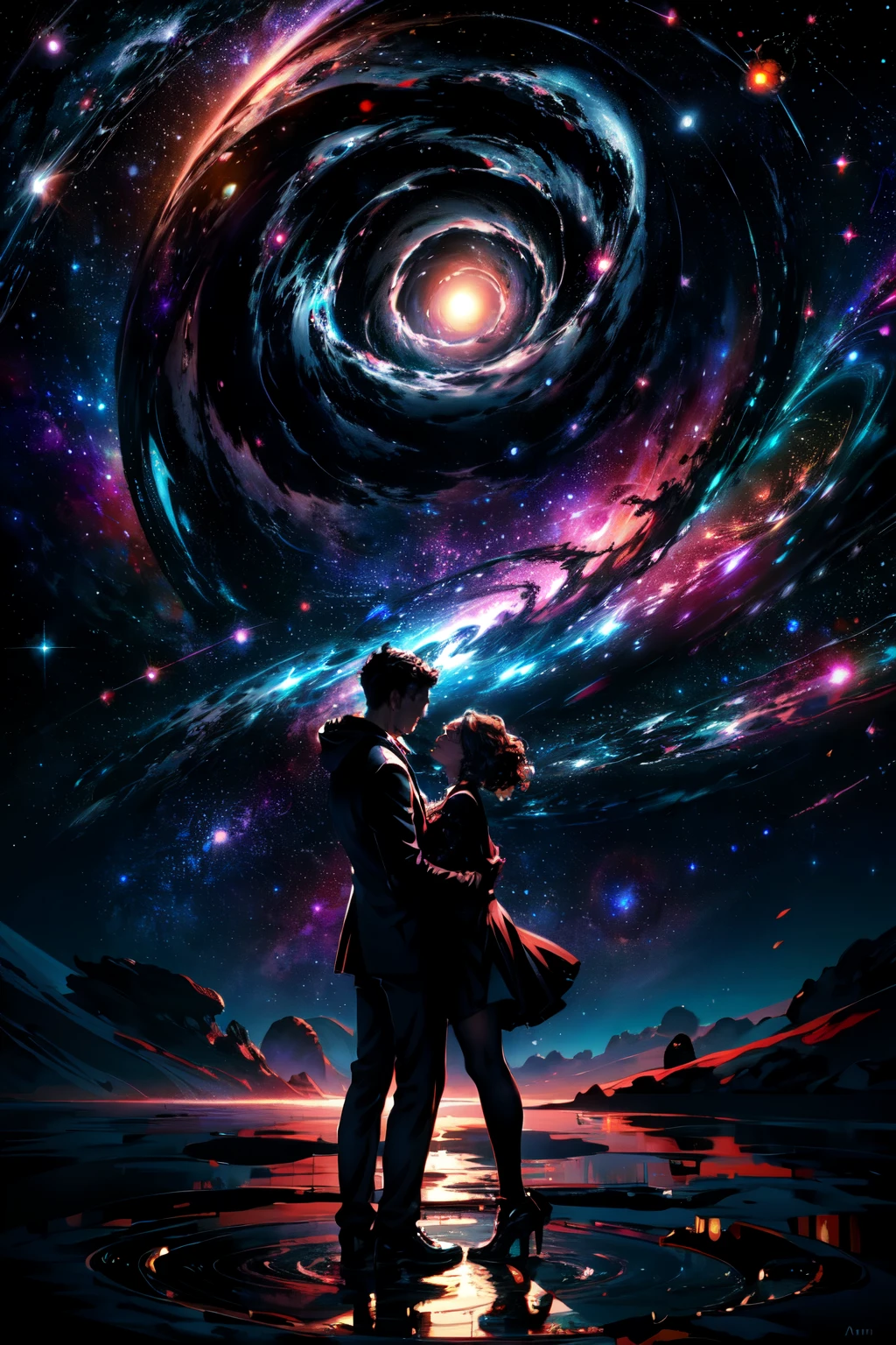 In the alluring style of silhouettes in space, cosmic masterpiece unfolds, painting a picture of enchanting figures against the sprawling backdrop of the universe. (Highly Detailed Silhouettes: 1.2), (Astronomical Scenery: 1.5), Swirling galaxies, Stars in alignment, Nebulae in bloom, (Silhouetted Couple: 1.0), (Man and Woman: 1.5), Closely embraced, Floating in zero gravity, (Space Suits: 1.0), Glowing accents, Radiant highlights, (Cinematic Lighting: 1.1), Black hole in