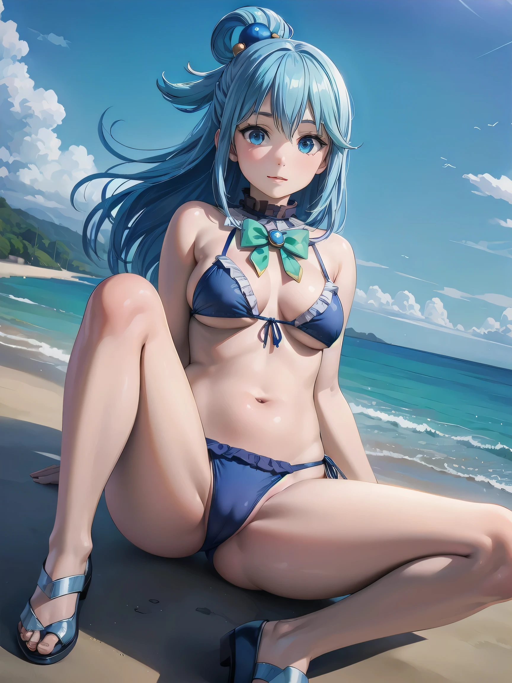(Realistic, photo Realistic:1.2), ((highest quality)), Shift the center of gravity backwards, Quite embarrassing, aaaqua, long hair, blue hair, hair rings, hair ornament, choker, bare shoulders, green bow, light blue bikini, frill, Beautiful facial details, Real human skin, Gentle expression, Front view, angle From below, Realistic, photoRealistic, beach, whole body, sitting on ground, knees raised, spread legs, (wind:1.2)