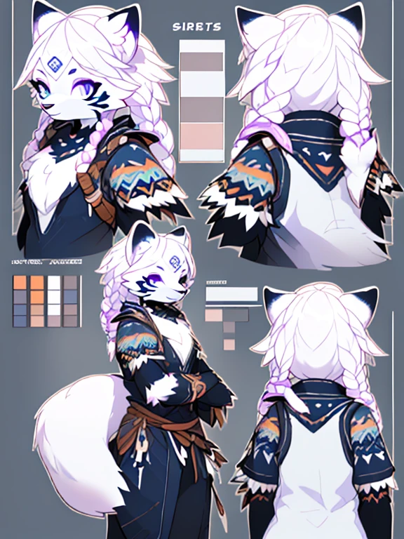 ( Absurdly , High quality , ultra detailed ) ,( hand detailed ) , 1girl, solo, mature, (concept art, character sheet), absurdres(highly detailed beautiful face and eyes)perfect anatomy Solo, sfw, Young Female white fox-cat (((lean-body))) (((medium breasts))) (short snout),(((fur (black stripe) between neck and shoulder towards chest))) ((fur (black stripes) on waist))(ears are darker), (heterochromia (orange, violet)), (cat tail (black at end)), (white hair (single-braided)), (fantasy adventure type clothing ((violet shirt)), (navy-blue belt) khaki pants)), happy ((looking at viewer)) ((Female wolf)) (detailed eyes) (clevedge, (collarbone, shoulders), (solo, (1girl)) ((((fluffy white fur)))) ((extremely detailed fur)) (violet shirt) ((hair in face)) (big braid), sfw, (thin long tail) (heterochromia) (extremely detailed eyes) joyful (((concept art, character sheet, (multiple views)))) ((adventure fantasy, snow tribal clothing)) (snow tribe clothing (violet))