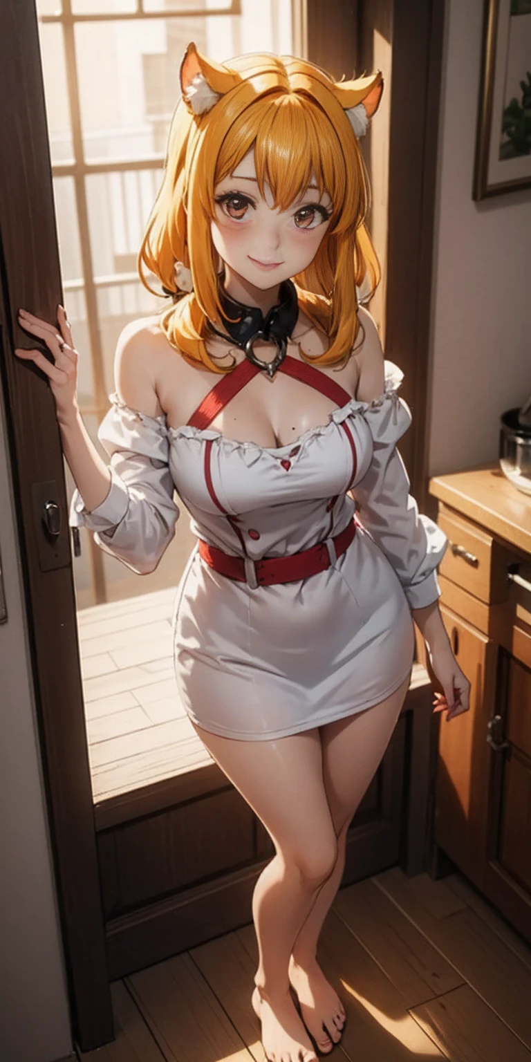 Roxanne Demin kin 1girl, solo, medium breasts, body position: standing, straight, symmetrical, barefoot, lustful smile on face with red blush, fluffy ears, dog ears, blonde hair
