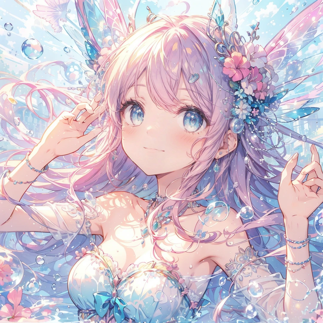 (Exquisite, beautiful, Very detailed, masterpiece, high resolution,high quality,High resolution),(Well-formed face,Soft and thin lines: 1.2, Beautiful, delicate and vivid illustrations with a mature and clear feel), A fairy princess with fairy wings is swimming in the sea in a swimsuit,front,Whole body,whole body,((Floating on water,drifting)),(In the beautiful tropical sea,泡が沢山drifting,fish),(Transparent fairy wings grow from your back), (Smiling happily,smile:1.5), (Pearl Tiara, Pearl Earrings, Pearl Choker), Pastel mermaid dress,Ribbons, lace and frills, (Pale pink blush, Plump pink lips,Large Bust,Fair skin, Good style),Bright colors,Eye-catching colors,Dynamic Angles
