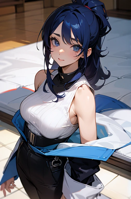 Girl, short blue hair, beautiful blue eyes, big breasts,💙🔵