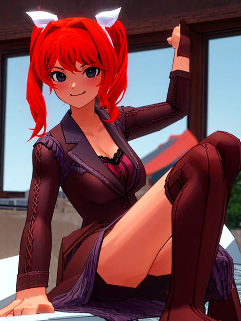 Twintail, red haired, 1girl, grey eyes, well toned, well built, muscled, toned muscles, (masterpiece), best quality, highres, solo, ribbon, white ribbon, hair ribbon, brown jacket, jacket, long sleeves, smiling, indoors, classroom background, standing, looking at the viewer, (ddlc school uniform:1.3), (showing naked pussy:1.3)、 sitting, spread legs unbuttoned uniform, lingerie, visible bra