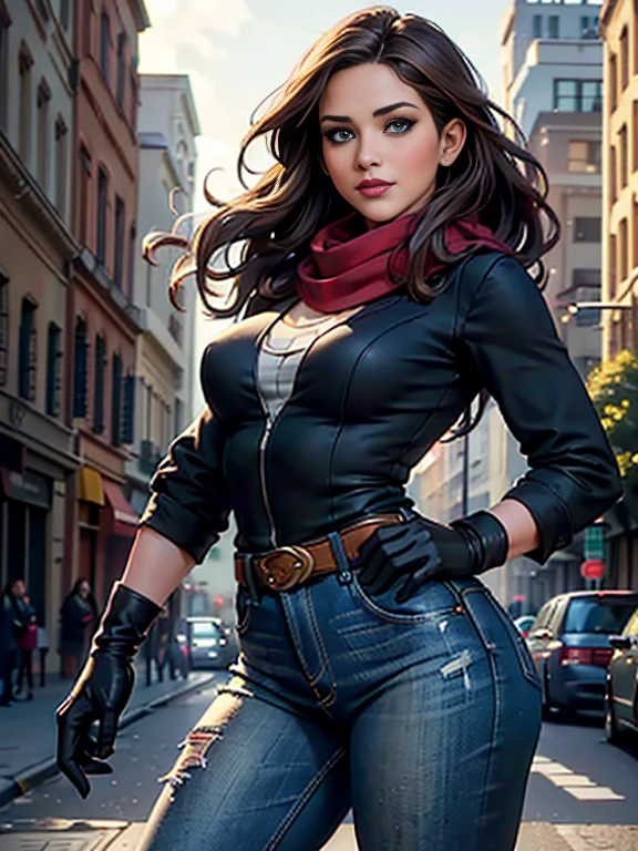 Jennifer Lawrence、(masterpiece:1.0), (Highest_quality:1.2), (Dark Shot:1.3), Classic Rogue, 1991 Rogue X-Men, 1 girl, Only 1, Head to Toe, standing on street corner, Elegant pose, (clothing: 茶colorの冬用コート, 茶colorのフード, Down lining, White scarf, gloves, jeans) Medium length hair, Brown Hair, Wavy Hair, One gray hair, Green Eyes, Mischievous look, Grin, Lips parted,  Red lipstick, Heavy makeup, Confident expression, Backlight, (realism: 1.5), (Realistic: 1.4), (Disorganized:1.4), 8k, Very detailed, Detailed beautiful woman,  (background: Midnight, it&#39;s snowing, On the streets of New York, Snowy Night), Official Art, Very detailed CG ユニティ 8k 壁紙, Perfect lighting, colorful, 超High resolution, photograph, 8k, High resolution, Kodak Portrait 400, Film Grain, blurry background, (Bokeh:1.2), (Vibrant_color:1.2), Film Grain:1.2, (暖かいcolor合い, Warm Tones:1.2), (color photo), プロのphotograph