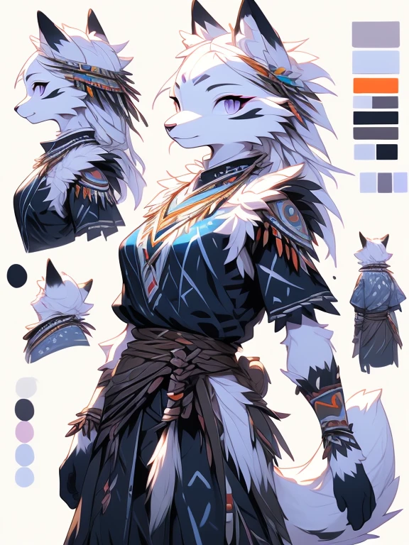 ( Absurdly , High quality , ultra detailed ) ,( hand detailed ) , 1girl, solo, mature, (concept art, character sheet), absurdres(highly detailed beautiful face and eyes)perfect anatomy Solo, sfw, Young Female white fox-cat (((lean-body))) (((medium breasts))) (short snout),(((fur (black stripe) between neck and shoulder towards chest))) ((fur (black stripes) on waist))(ears are darker), (heterochromia (orange, violet)), (cat tail (black at end)), (white hair (single-braided)), (fantasy adventure type clothing ((violet shirt)), (navy-blue belt) khaki pants)), happy ((looking at viewer)) ((Female wolf)) (detailed eyes) (clevedge, (collarbone, shoulders), (solo, (1girl)) ((((fluffy white fur)))) ((extremely detailed fur)) (violet shirt) ((hair in face)) (big braid), sfw, (thin long tail) (heterochromia) (extremely detailed eyes) joyful (((concept art, character sheet, (multiple views)))) ((adventure fantasy, snow tribal clothing)) (snow tribe clothing (violet))