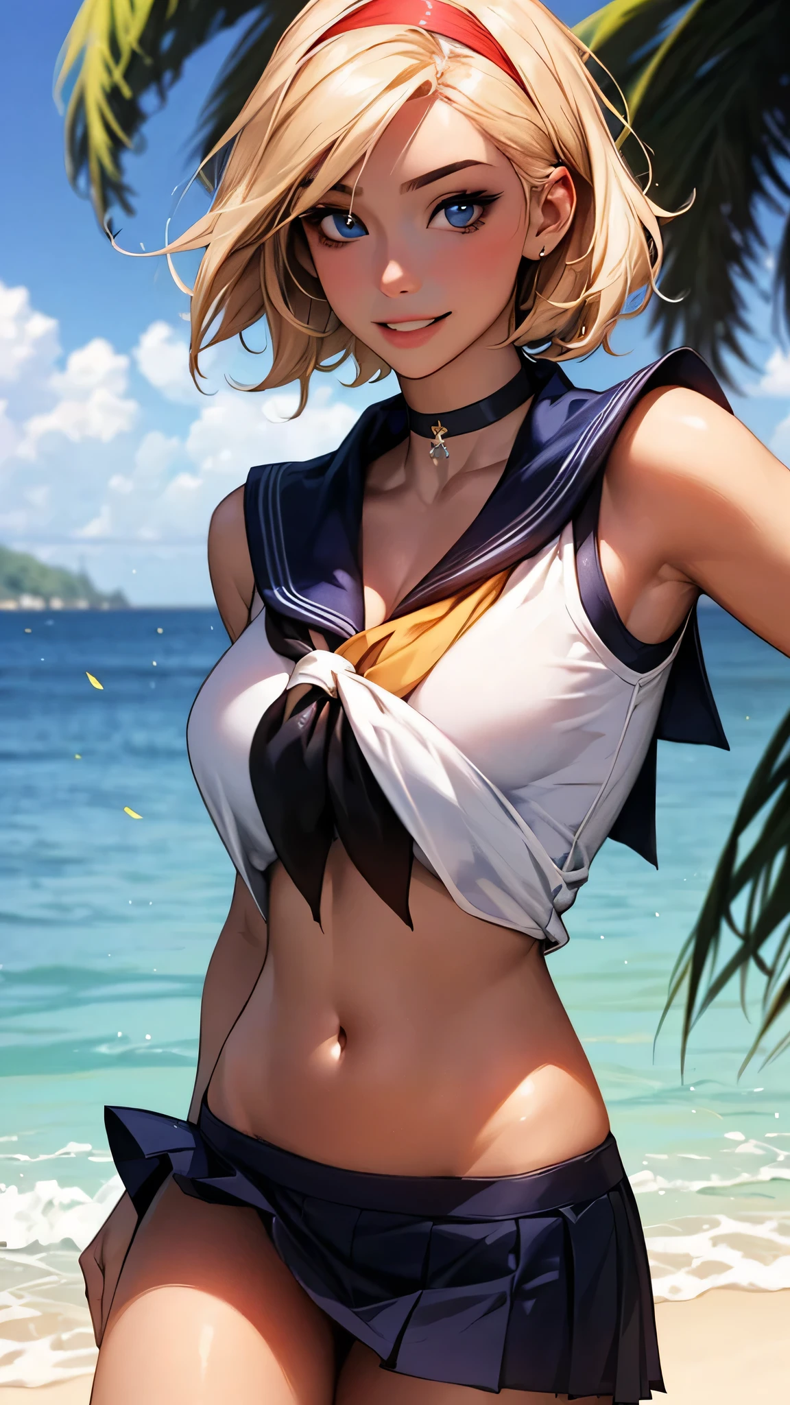 (masterpiece:1.2, top-quality), ultra-detailed, (realistic, photorealistic:1.4), beautiful illustration, (natural side lighting, movie lighting), depth of fields, 
beautiful hair, beautiful face, beautiful detailed eyes, beautiful clavicle, beautiful body, beautiful chest, beautiful thigh, beautiful legs, beautiful fingers, perfect style, 
looking at viewer, 1 girl, japanese, gravure Idol, high school girl, perfect face, cute and symmetrical face, 
(short hair, blonde hair), blue eyes, realistic pupils, long eye lasher, (large breasts, thigh thickness), suntan, shinny skin, emphasizes cleavage, 
((sleeveless navy sailor shirt, open front, navel, navy sheer micro mini skirt, red sailor scarf), choker, wrist chakra, hairband), 
(beautiful scenery), tropical beaches, (versatile sexy poses), (lovely smile, upper eyes),