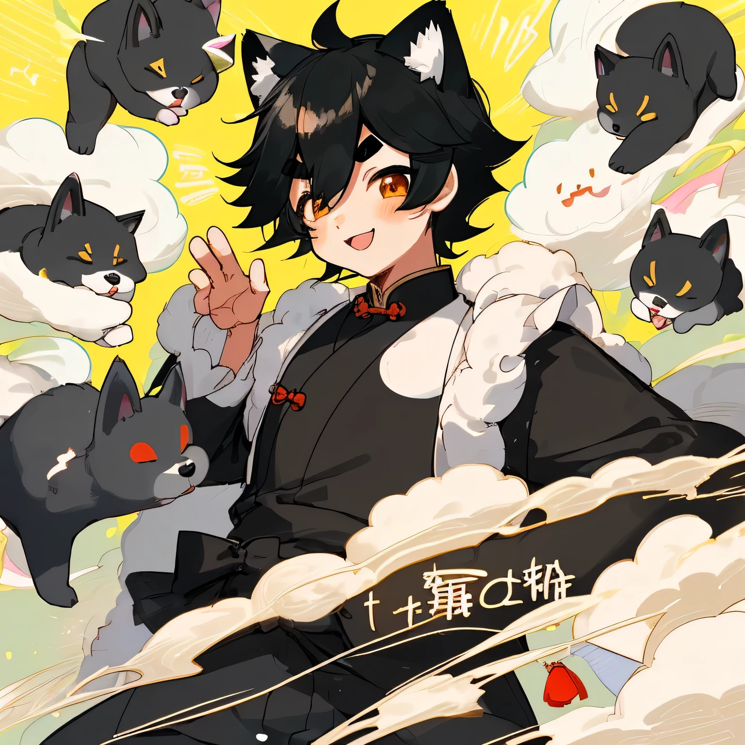 ,boy,boy,Round eyebrows,Lively slanted eyes,A kind smile,Black Shiba Inu Boy,Black hair,Fluffy fur,Hairy boy,Student style clothing,China dress,Femboy,delicate