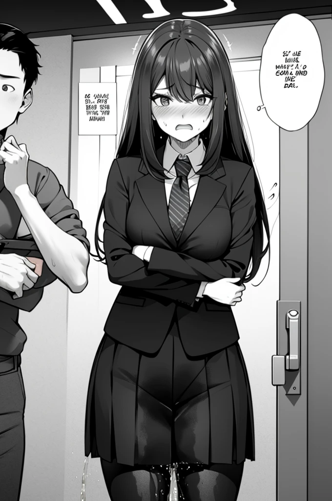 A woman with very long (black hair:1.5), wearing a business outfit consisting of a suit and tight pants, stands in a (monochrome:1.25) setting. The artwork is inspired by manga and incorporates a doujin style. The woman appears to be (wetting herself:1.5), which causes her to feel embarrassed and humiliated, resulting in a blush on her face. In addition, there is an air of anger in her expression. The lighting in the scene is moody, with a spotlight highlighting the woman's figure. She is crossing her arms, (arms crossed:1.5), fully showcasing her pants., medium breasts