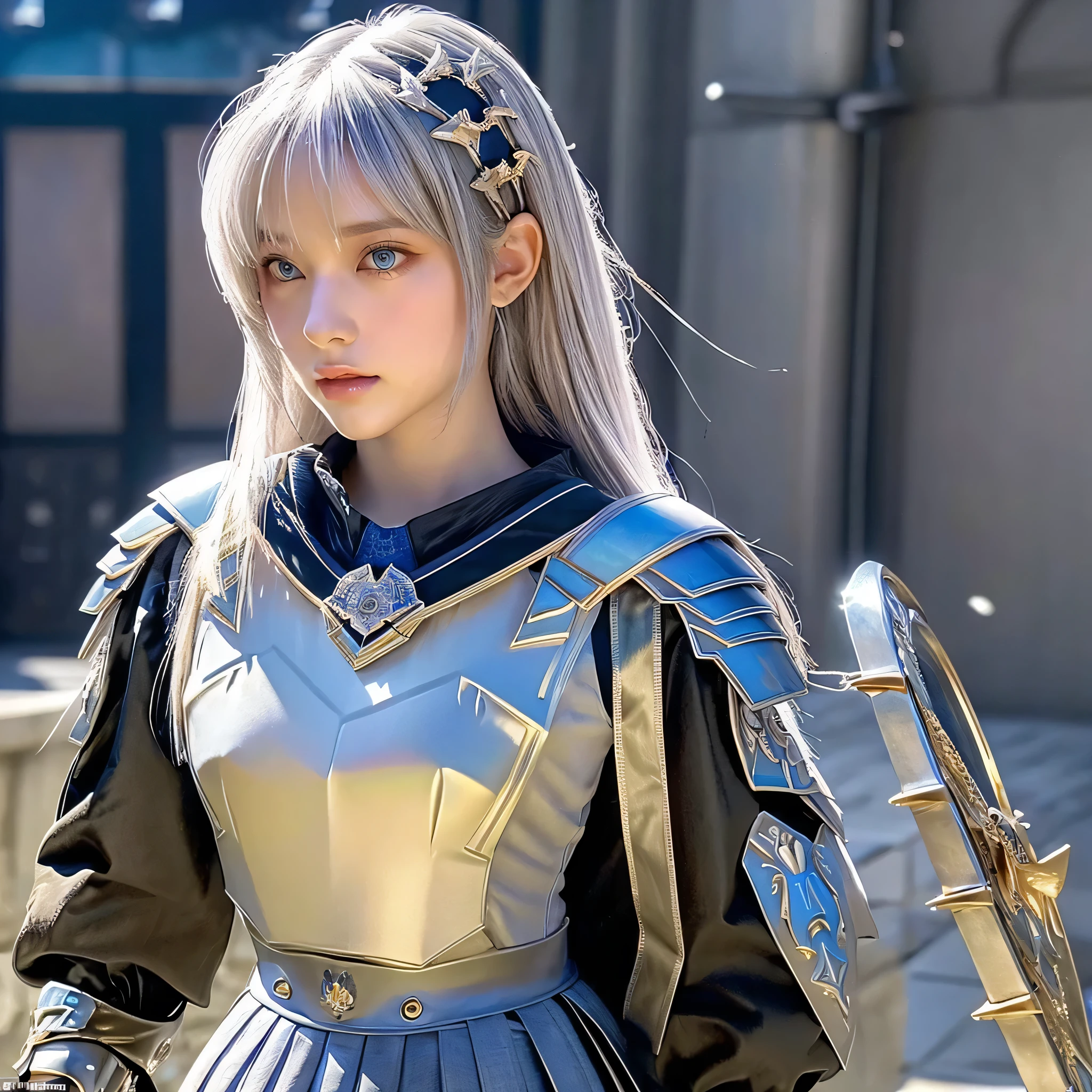bright look、ponytale、young, sparkling, White and radiant skin、Best Look、The reflection of  grey hair、Platinum grey hair with dazzling highlights、shiny light hair,、Super Long Silk Straight Hair、Radiant beautiful bangs、Radiant clear attractive big blue eyes、Very beautiful, dashing, Cute 16 year old girl、Lush bust,Beautiful detailed eyes, Beautiful detailed nose,(( s whole body:1.25)),Makeup emphasizes the eyes、((pleated skirt:1.3)),(Women like Joan of Arc:1.3)、(S armor:1.3)、knightage, (Equipped with a sword and shield:1.2)，Royal style，comic style, , Sub-surface scattering, Dazzling detail, Natural background, A hyper-realistic, films, with dramatic lighting, masutepiece、(Decorative armor)、(Wearing an aura:1.5)、CIRCLET、((Princess Knights))、Frild、((hold a black golden long sword)) 