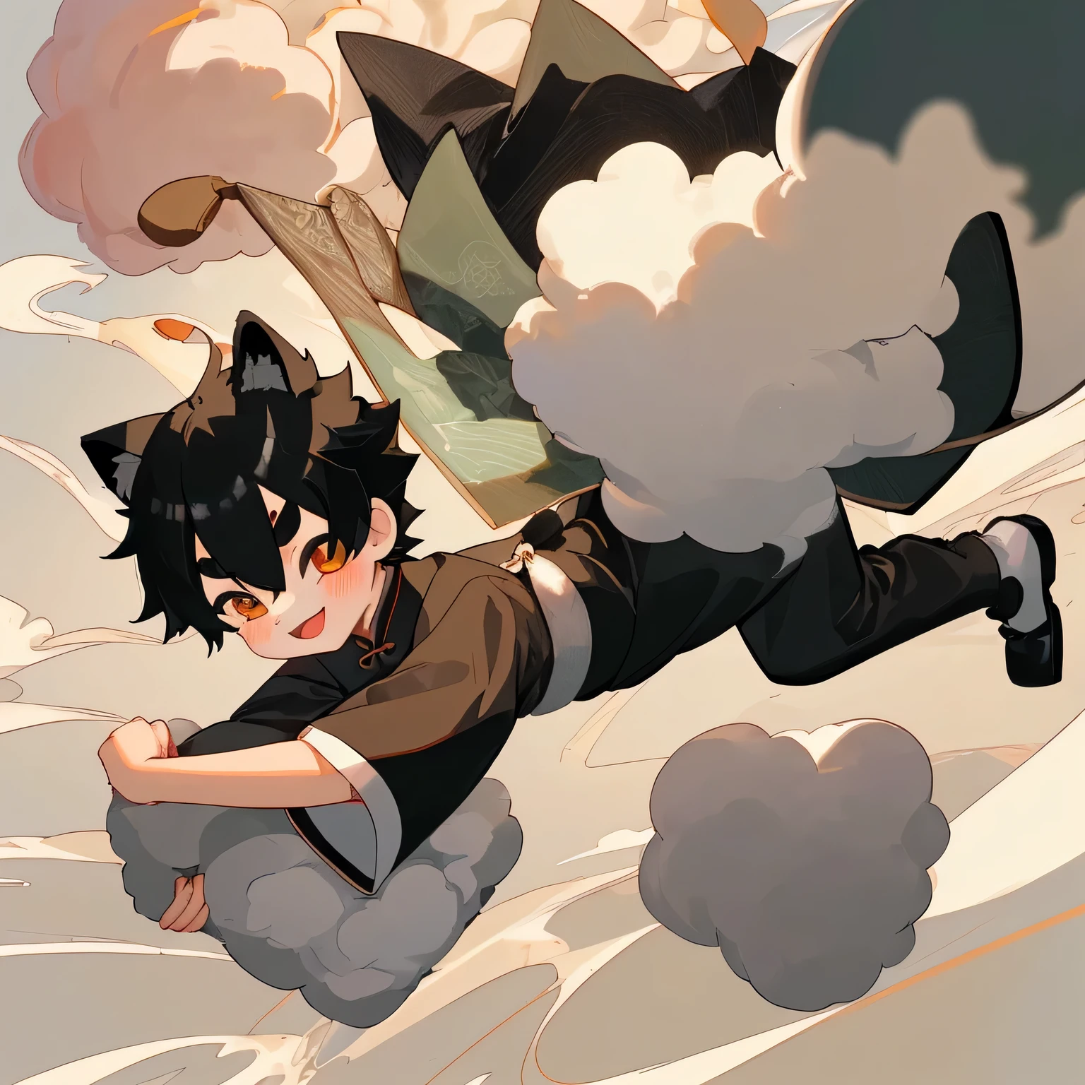 Young children,boy,boy,Round eyebrows,Lively slanted eyes,A kind smile,Black Shiba Inu Boy,Black hair,Fluffy fur,Hairy boy,Student style clothing,China dress,Femboy,delicate