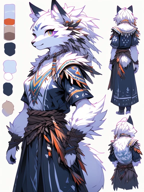 ( Absurdly , High quality , ultra detailed ) ,( hand detailed ) , 1girl, solo, mature, (concept art, character sheet), absurdres(highly detailed beautiful face and eyes)perfect anatomy Solo, sfw, Young Female white fox-cat (((lean-body))) (((medium breasts))) (short snout),(((fur (black stripe) between neck and shoulder towards chest))) ((fur (black stripes) on waist))(ears are darker), (heterochromia (orange, violet)), (cat tail (black at end)), (white hair (single-braided)), (fantasy adventure type clothing ((violet shirt)), (navy-blue belt) khaki pants)), happy ((looking at viewer)) ((Female wolf)) (detailed eyes) (clevedge, (collarbone, shoulders), (solo, (1girl)) ((((fluffy white fur)))) ((extremely detailed fur)) (violet shirt) ((hair in face)) (big braid), sfw, (thin long tail) (female fox cat) (heterochromia) (extremely detailed eyes) joyful (((concept art, character sheet, (multiple views)))) ((adventure fantasy, snow tribal clothing)) (snow tribe clothing (violet))