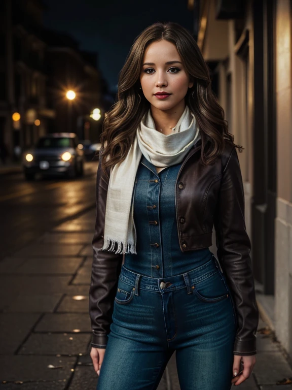 Jennifer Lawrence、(masterpiece:1.0), (Highest_quality:1.2), (Dark Shot:1.3), Classic Rogue, 1991 Rogue X-Men, 1 girl, Only 1, Head to Toe, standing on street corner, Elegant pose, (clothing: 茶colorの冬用コート, 茶colorのフード, Down lining, White scarf, gloves, jeans) Medium length hair, Brown Hair, Wavy Hair, One gray hair, Green Eyes, Mischievous look, Grin, Lips parted, Red lipstick, Heavy makeup, Confident expression, Backlight, (realism: 1.5), (Realistic: 1.4), (Disorganized:1.4), 8k, Very detailed, Detailed beautiful woman, (background: Midnight, it's snowing, On the streets of New York, Snowy Night), Official Art, Very detailed CG ユニティ 8k 壁紙, Perfect lighting, colorful, 超High resolution, photograph, 8k, High resolution, Kodak Portrait 400, Film Grain, blurry background, (Bokeh:1.2), (Vibrant_color:1.2), Film Grain:1.2, (暖かいcolor合い, Warm Tones:1.2), (color photo), プロのphotograph