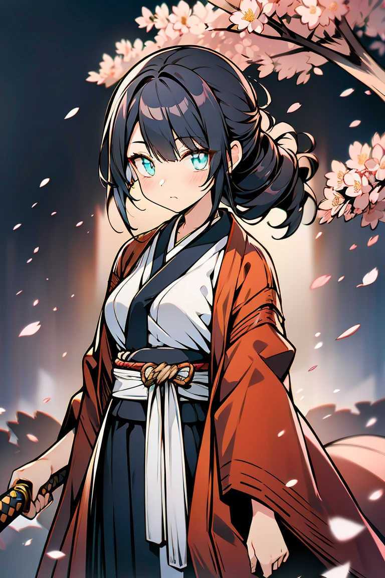 Japan,Cherry blossom trees, Wrapped in a black mist, holding a sword,Yellow kimono, Village Girl, Look down,passing, Cowboy Shot,((Very detailed,highest quality, High resolution, 8k wallpaper, Beautiful new clothes,)),((Black Hair, Tie up,Styled hair)), Blowing in the Wind, eye shadow, eyeliner,Glow Eye, Very detailedな目, Beautiful new eyes