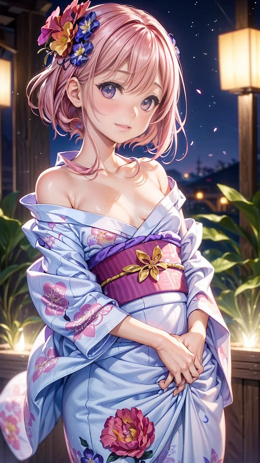 (masterpiece, highest quality:1.4), Beautiful Face, 8k, 85mm, Absurd, (Floral Yukata:1.4), Face close-up, violet, Gardenia, Delicate girl, alone, night, View your viewers, Upper Body, Film Grain, chromatic aberration, Sharp focus, Face Light, Professional Lighting, Sophisticated, (smile:0.4), (Simple Background, Bokeh Background:1.2), detailed aspects,(((Show me one nipple:0.57))),((Very young and small:1.2),(Pink hair with flowers:1),((Show me the vagina:1.2)),(Semen flowing from the vagina),(Vaginal womanizer),