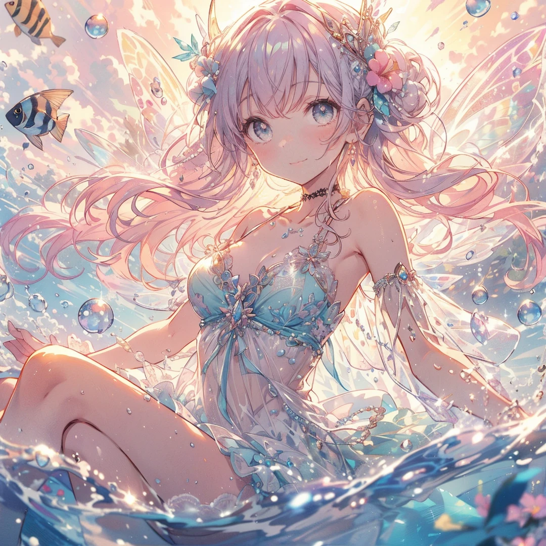 (Exquisite, beautiful, Very detailed, masterpiece, high resolution,high quality,High resolution),(Well-formed face,Soft and thin lines: 1.2, Beautiful, delicate and vivid illustrations with a mature and clear feel), A fairy princess with fairy wings is swimming in the sea in a swimsuit,front,Whole body,whole body,((Floating on water,drifting)),(In the beautiful tropical sea,泡が沢山drifting,fish),(Transparent fairy wings grow from your back), (Smiling happily,smile:1.5), (Pearl Tiara, Pearl Earrings, Pearl Choker), Pastel mermaid dress,Ribbons, lace and frills, (Pale pink blush, Plump pink lips,Large Bust,Fair skin, Good style),Bright colors,Eye-catching colors,Dynamic Angles
