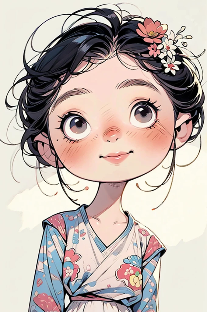 watercolor painting,Chibi A cartoon young girl wearing a pink v-neck shirt and white shorts, big smile with teeth, large cute eyes, cute digital painting, cute digital art, Lovely and detailed digital art, cute portrait, cartoon art style, Super cute and stylish black-haired girl, kawaii realistic portrait, Cute cartoon style, (((chibi))) beautiful art, Realistic cute girlmatic