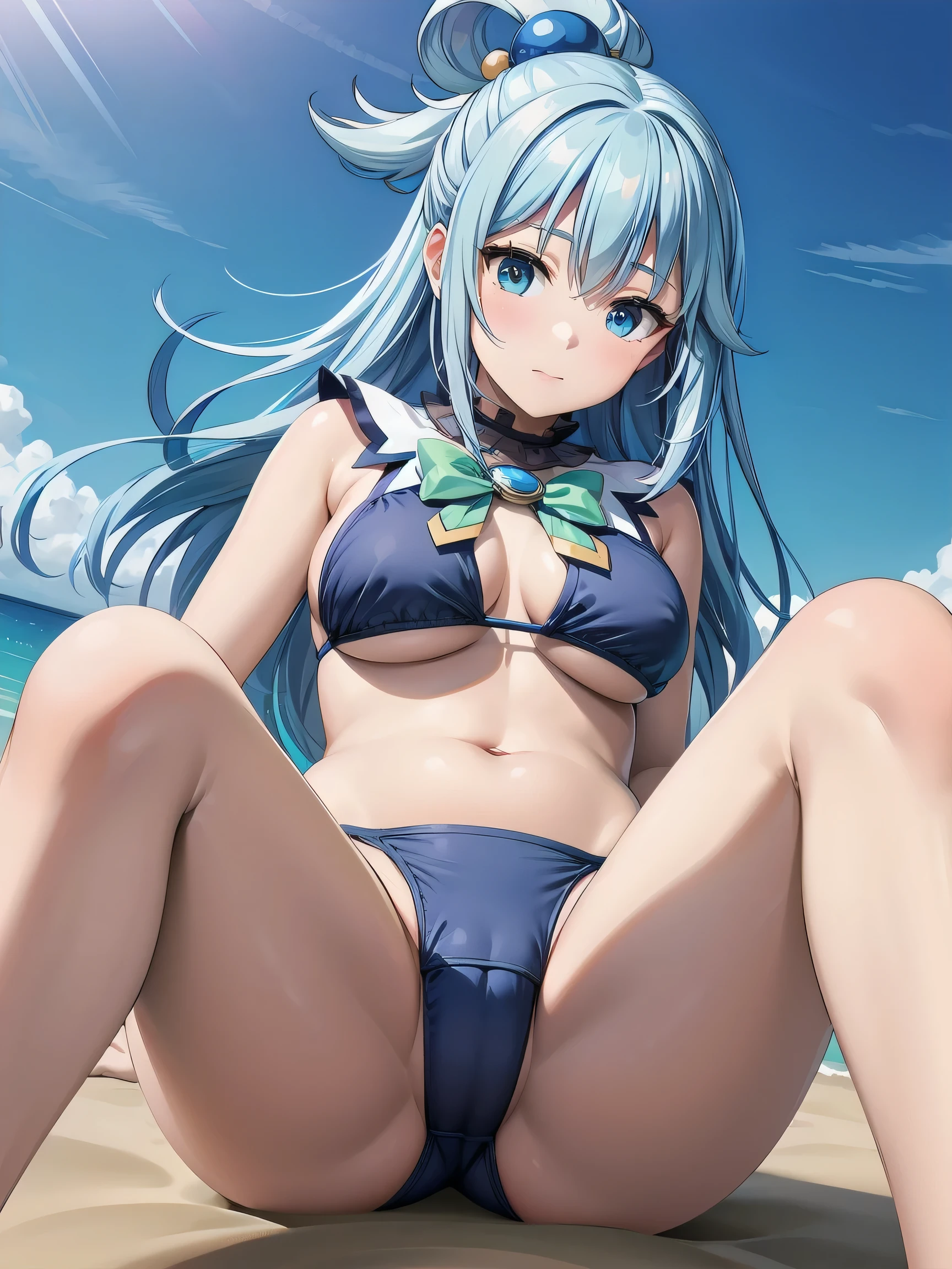 (Realistic, photo Realistic:1.2), ((highest quality)), Shift the center of gravity backwards, Quite embarrassing, aaaqua, long hair, blue hair, hair rings, hair ornament, choker, bare shoulders, green bow, (light blue bikini:1.1), White frill, Beautiful facial details, Real human skin, Gentle expression, Front view, angle From below, Realistic, photoRealistic, beach, whole body, sitting on ground, knees raised, spread legs, (wind:1.2)