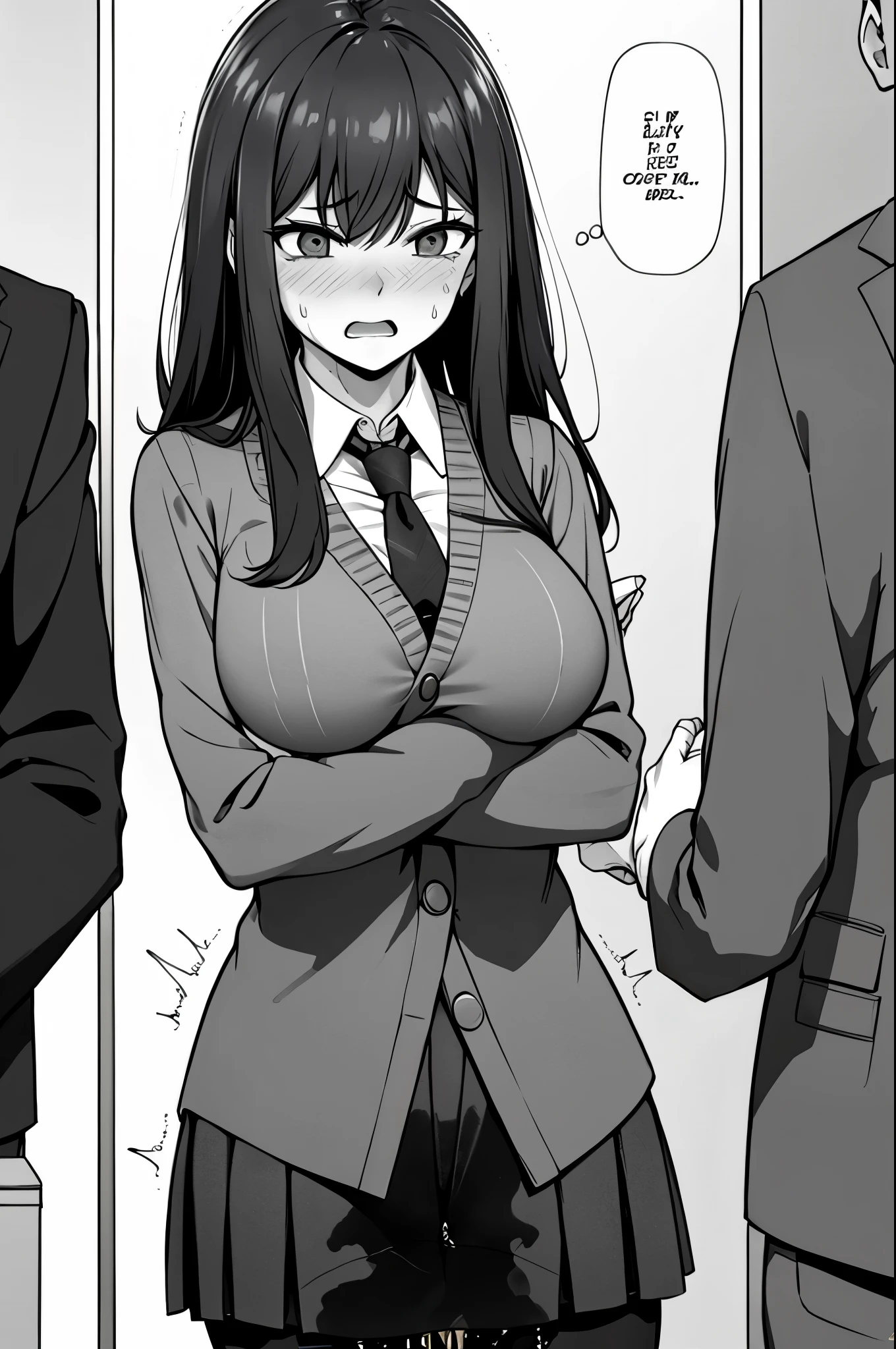 A woman with long black hair, wearing a business outfit consisting of a suit, pencil skirt, and pantyhose, stands in a monochrome setting. The artwork is inspired by manga and incorporates a doujin style. The woman appears to be (wetting herself:1.5), which causes her to feel embarrassed and humiliated, resulting in a blush on her face. In addition, there is an air of anger in her expression. The lighting in the scene is moody, with a spotlight highlighting the woman's figure. She is crossing her arms, (arms crossed:1.5), fully showcasing her skirt., medium breasts