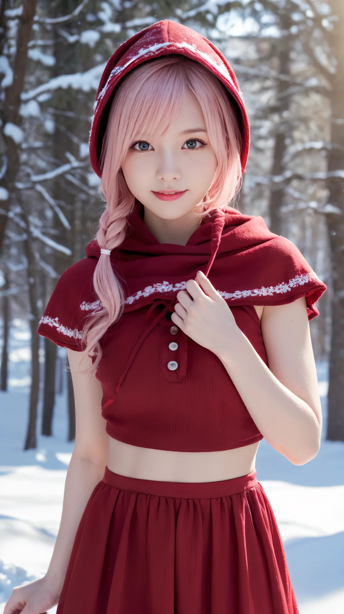 (8k, highest quality, masterpiece:1,2), (Realistic, Photorealistic:1.37), Super Detail, One Girl,), (Very detailedな), (Beautiful and detailed eyes), (highest quality), (Very detailed ), (masterpiece), (Detailed face),20-year-old, ,1 girl, whole body, Pink Hair,Very short hair, Medium chest, Dressed, Perfect lighting,, View your viewers, Excited face, Mischievous face,
(little red riding hood, Red clothes, Little Match Girl), winter, Snowy Night, it&#39;s snowing, electric lights, Street lamp, Christmas, Holding a matchstick, Holding a woven basket on her elbow