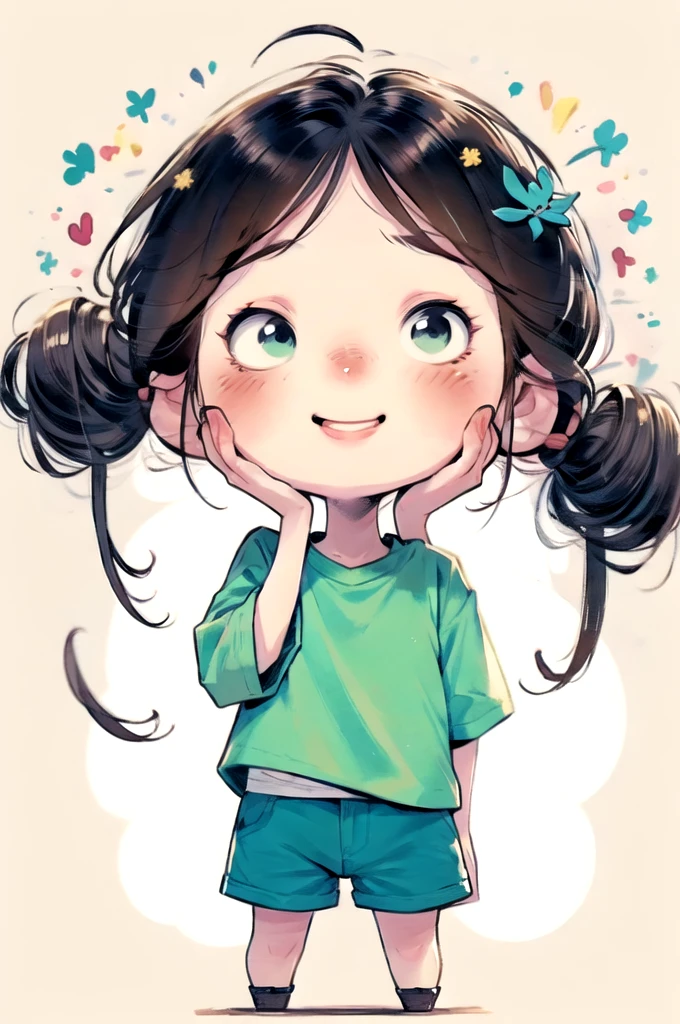 watercolor painting,Chibi A cartoon baby wearing a green shirt and blue shorts, big smile with teeth, cute digital painting, cute digital art, Lovely and detailed digital art, cute portrait, Lovely art style, Lovely and detailed art, cartoon art style, Super cute and stylish red-haired girl, kawaii realistic portrait, Cute cartoon style, Cute cartoon characters, (((chibi))) beautiful art, digital cartoon art, Cartoon style illustration, Realistic cute girlmatic