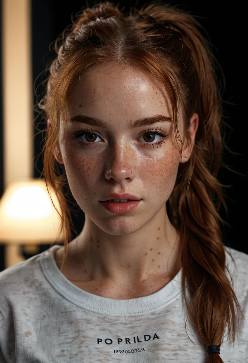 photo,8k,sharp focus,beautiful woman,close up,t-shirt,(detailed eyes:0.8),(looking at the camera:1.4),(highest quality),(best eyeshadow),brown eyes,rim lighting,two tone lighting,dimly lit,low key,intricate details,interior,ponytails,ginger hair:1.3,open mouth:0.7,freckles, photo, (realistic:1.3), 8k, brown hair