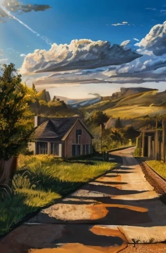 I want an oil paint type image of a landscape with a brick building in the foreground, a dirt path with a lawn on the side and hills at the end of the road