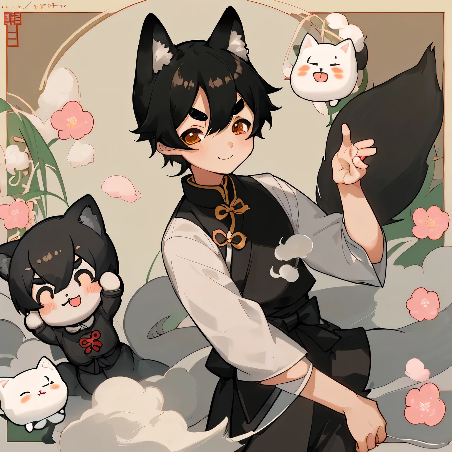 Young children,boy,boy,Cute boy,Crossdresser,Round eyebrows,Lively slanted eyes,A kind smile,Black Shiba Inu Boy,Black hair,Fluffy fur,Hairy boy,China dress,Furry,Femboy,delicate,whole body