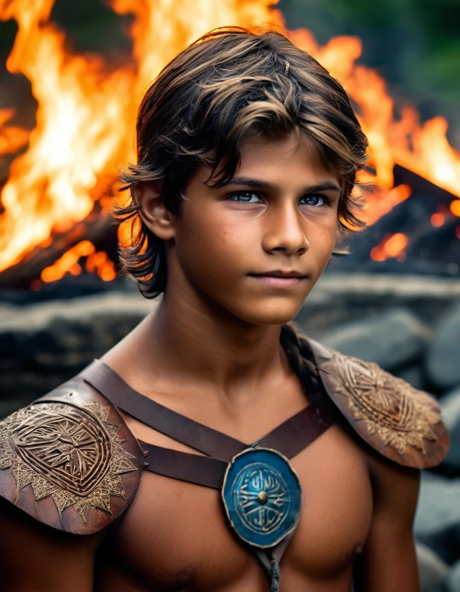 Photography cinematográfica Primer plano de (((14 year old boy, )) en hoja del infierno: El sacrificio de Senua, saliendo del barro negro, pelo largo con lizo, cuerpo entero pintura azul guerro, pintura que se desvanece, happy expression and smile, cara sucia, finely detailed brown eyes, dicha , ropa vikinga, epic scene, epic composition, Photography, cinematic lighting, volumetric lighting, ethereal light, detalles intrincados, extremely detailed volumetric rays . Photography de 35 mm, Movie, bokeh, profesional, 4k, Muy detallado, imagen de cuerpo entero,