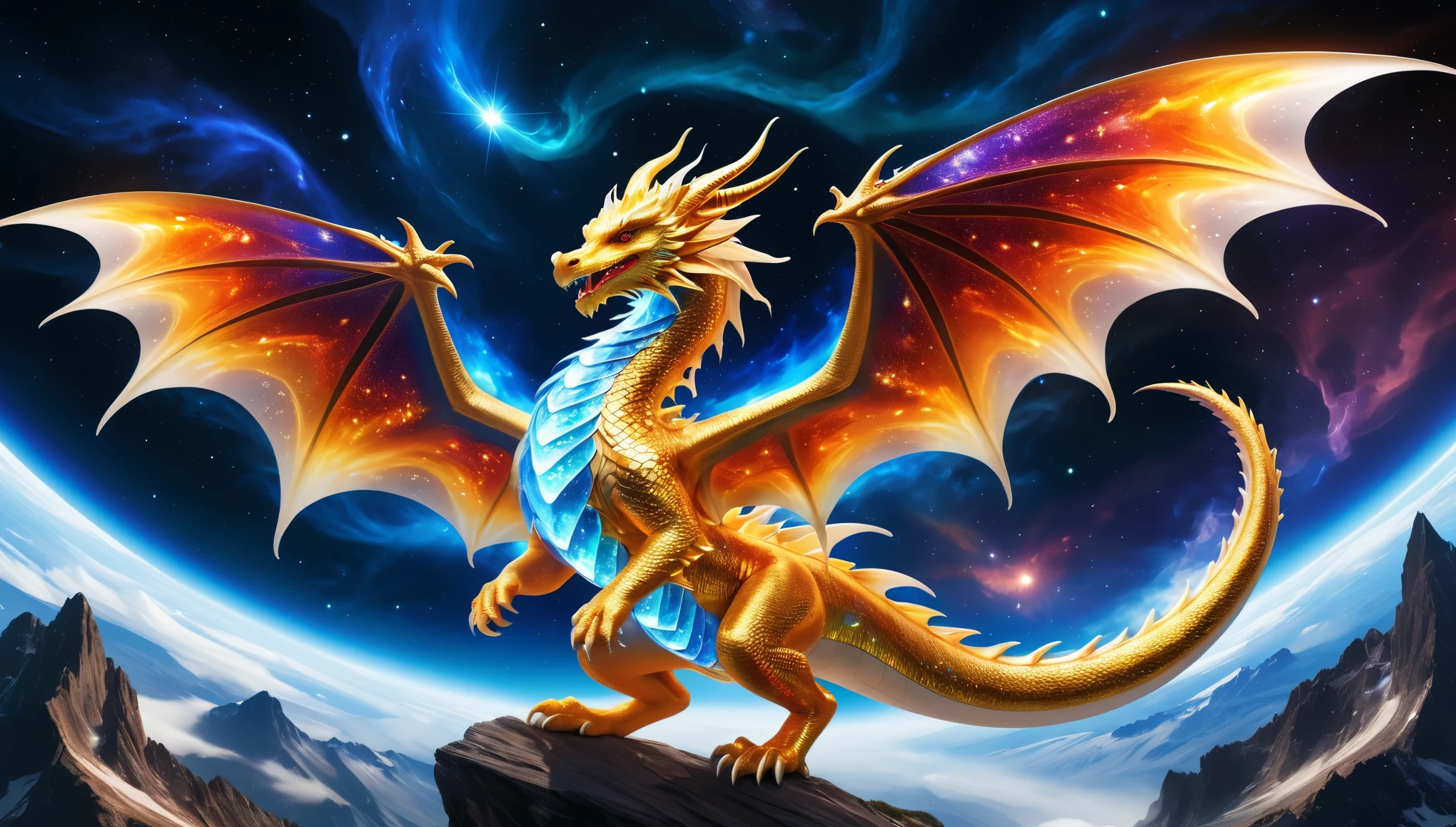 Golden Bipedal Dragon, with a red eyes, in space.