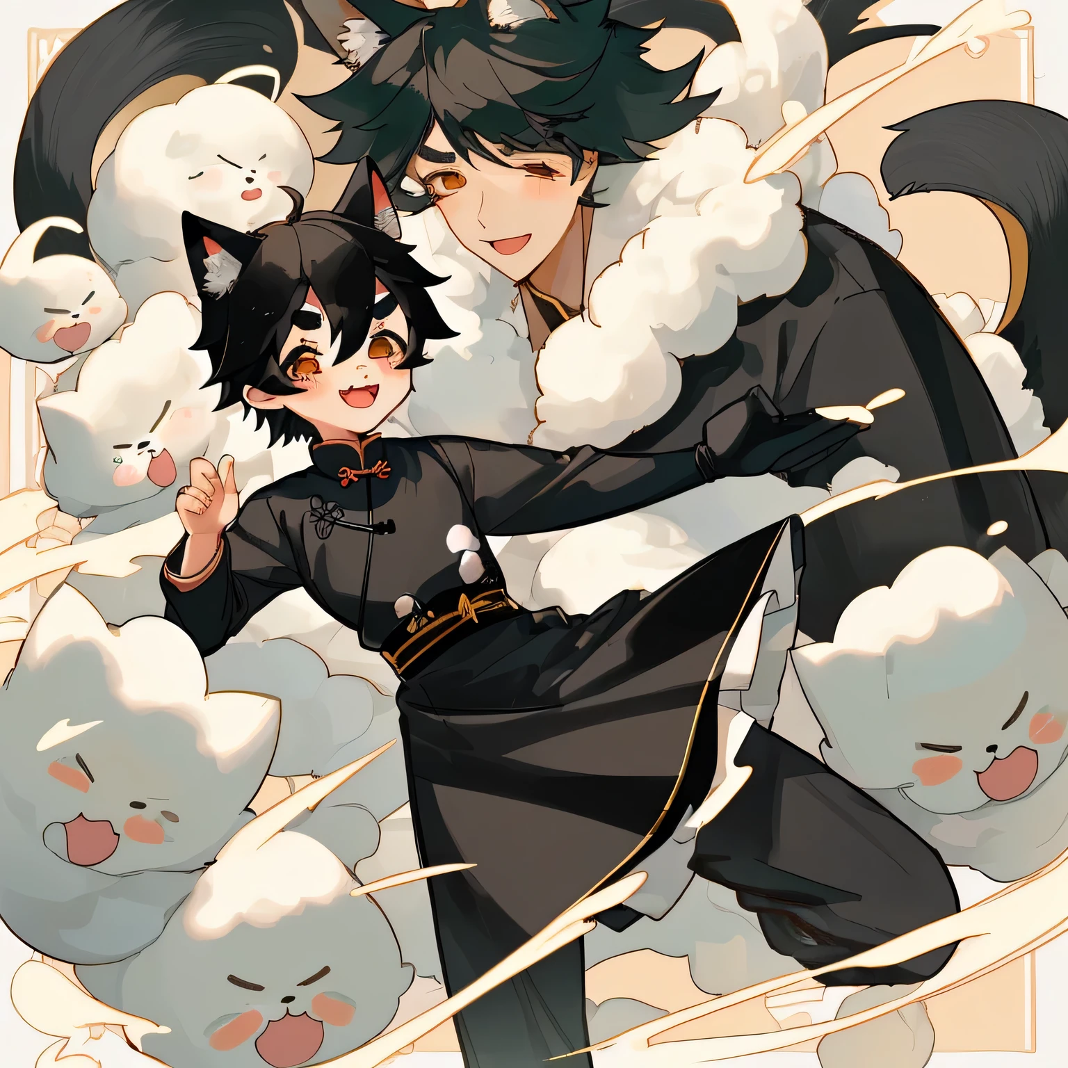 Young children,boy,boy,Cute boy,Crossdresser,Round eyebrows,Lively slanted eyes,A kind smile,Black Shiba Inu Boy,Black hair,Fluffy fur,Hairy boy,China dress,Furry,Femboy,delicate,whole body