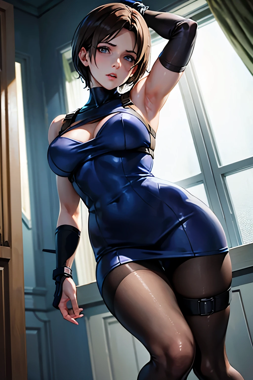 Jill Valentine、resident evil、Brown Hair、Short Hair、((pantyhose))、Photo from below、Medium chest、Bedroom、Bondage、