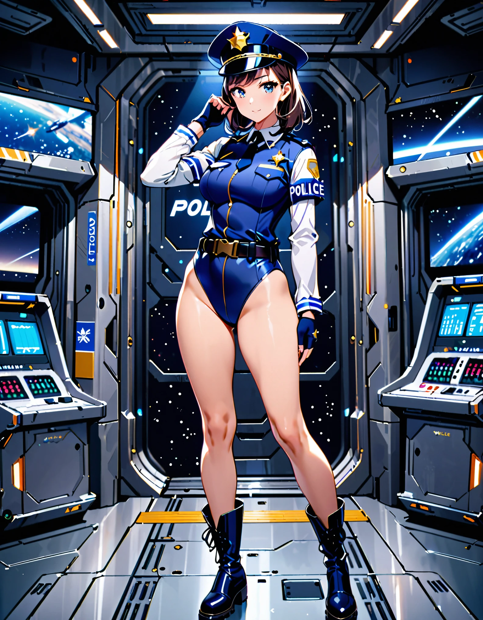 (masterpiece), (best quality), (high res),1girl, tall body, beautiful detailed eyes, beautiful detailed face, cute face, perfect hands, complete fingers, perfect anatomy, perfect proportions, ((hat, dark blue police hat)), ((leotard, matching leotard, bare legs)), ((boots, matching boots)), breasts, medium breasts, fingerless gloves, (full body portrait), back view, looking at viewer, solo, solo focus, standing, police uniform, cowboy shot, space station backdrop, indoors, (belt, tight belt), (armbands, white sleeves), full body costume design. 